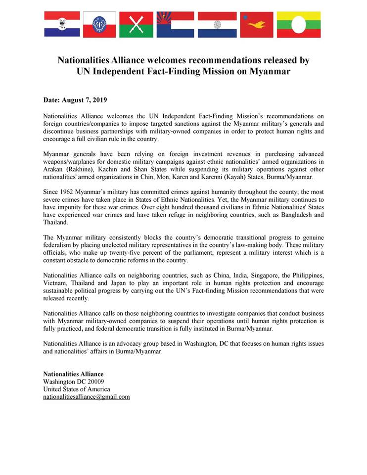 Nationalities Alliance Welcome Recommendations Released By Un Independent Fact Finding Mission